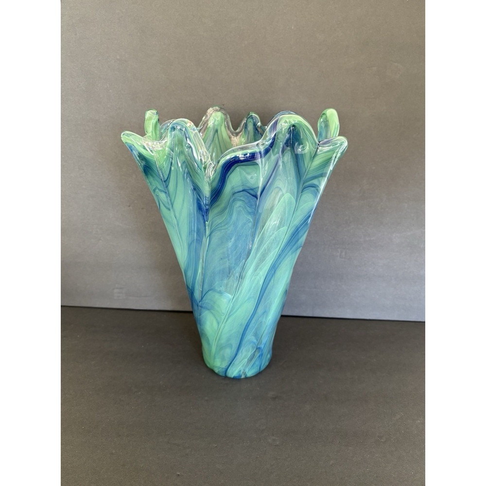 Murano Art Glass Tall Green Blue Clear Handblown 13" Tall Made In Italy